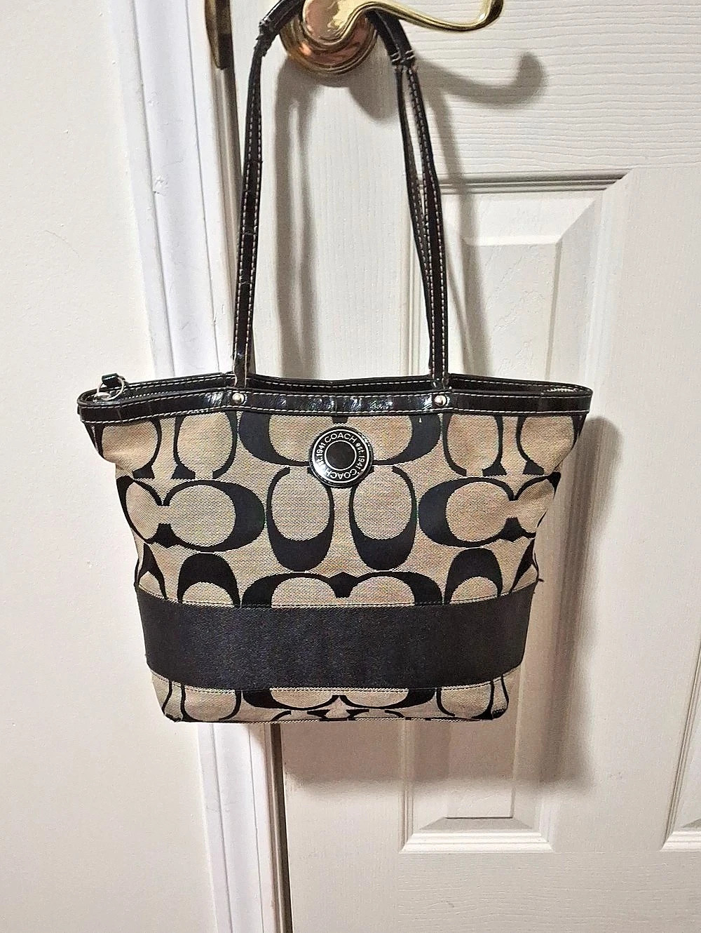 Coach Signature Stripe Tote in Khaki and Black